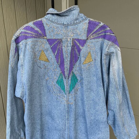 ✨ VTG 80s Sunbelt Denim Statement Trench w/ Glitter Puff Paint – M/L ✨ - Picture 4 of 8
